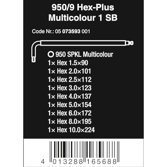 Wera 950 SPKL/9 SM N SB Multicolour BlackLaser L-key set, 9pc, Metric, 1.5-10mm, 05073593001