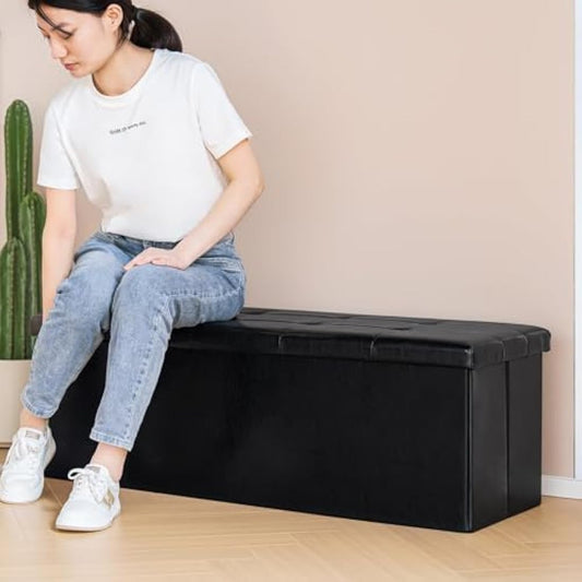 Bonlife End of Bed Storage Bench,Folding Black Ottoman Seat,Toy Chest Box Bedside Table Faux Leather Footstool for Living Room,110x38x38cm