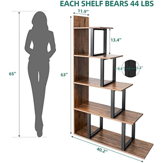 YITAHOME 5-Tier Bookshelf, L-Shape Freestanding Ladder Corner Bookcase, Industrial Vintage Storage Display Rack Shelf for Living Room Bedroom Hallway Office, Retro Brown