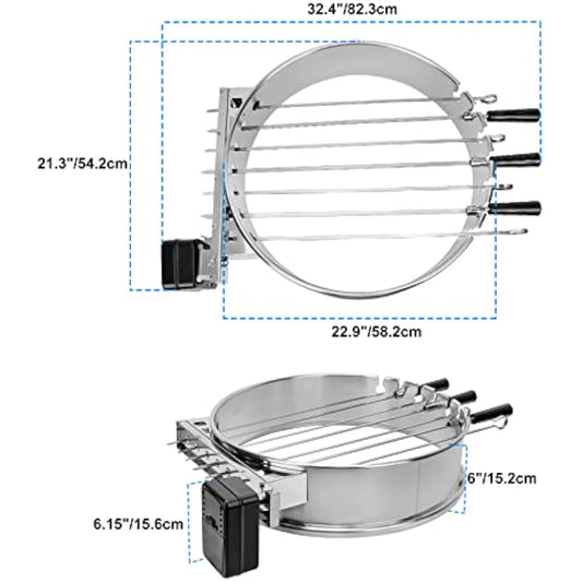 onlyfire BRK-6072 Rotisserie Kebab Skewer BBQ Kit Stainless Steel with Electric Battery Motor Fits Weber 57CM Charcoal Kettle Grill
