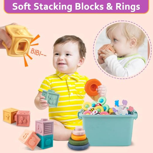 Weilim Baby Toys for 6 to 12 Months, Montessori Babies, Sensory Bins Toddlers 1-3, Pull String Teether Infants Bath in 1 Stacking Blocks Rings, Matching Eggs, Suction Cup Spinner Toy