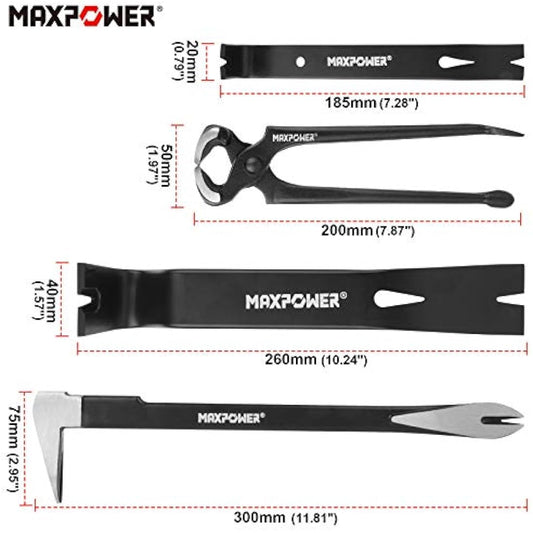 MAXPOWER Pry Bar/Nail Puller Set 4-Piece, 300mm Crowbar Claw Nail Puller, 260mm Wonder Pry Bar Wrecking Bar, 190mm Mini Utility Bar and 250mm Carpenters Pincer