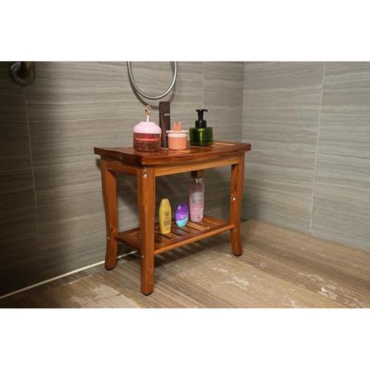 VaeFae Teak Shower Bench, Spa Bath Shower Stool with Storage Shelf, Wooden Seat Stool for Bathroom