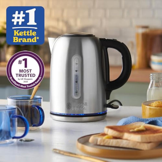 Russell Hobbs Brushed Stainless Steel Electric 1.7L Cordless Kettle (Quiet & Fast Boil 3KW, Removable washable anti-scale filter, Push button lid, Perfect pour spout) 20460