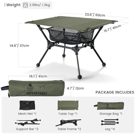 ONETIGRIS Dipper Camping Table, Lightweight Portable Folding Table with Mesh Storage Net, High/Low Options, Ideal for Camping, Hiking, Tailgating, Beach, Picnic, Travel, Backyard