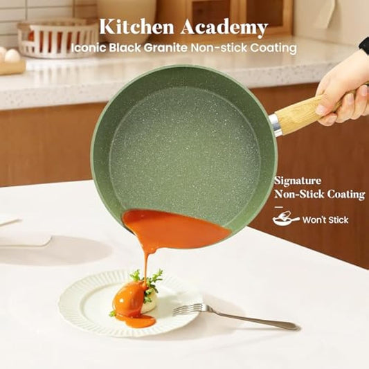 Kitchen Academy 17 Pcs Pots and Pans Set Non Stick, Induction Kitchen Cookware Set, Green Healthy Nonstick Granite Coated Saucepans Frying Pans Set, PFOA & PFOS Free