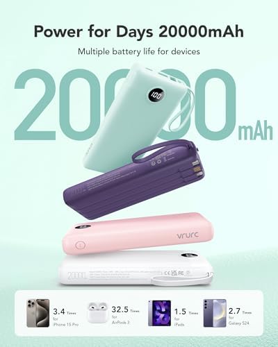 VRURC Portable Charger with Built in Cords, 22.5W PD & QC 3.0 Fast Charging 20000mAh USB C Power Bank, 4 Output 2 Input LED Display Phone Battery Pack with Cable Compatible with iPhone,Samsung,Tablet