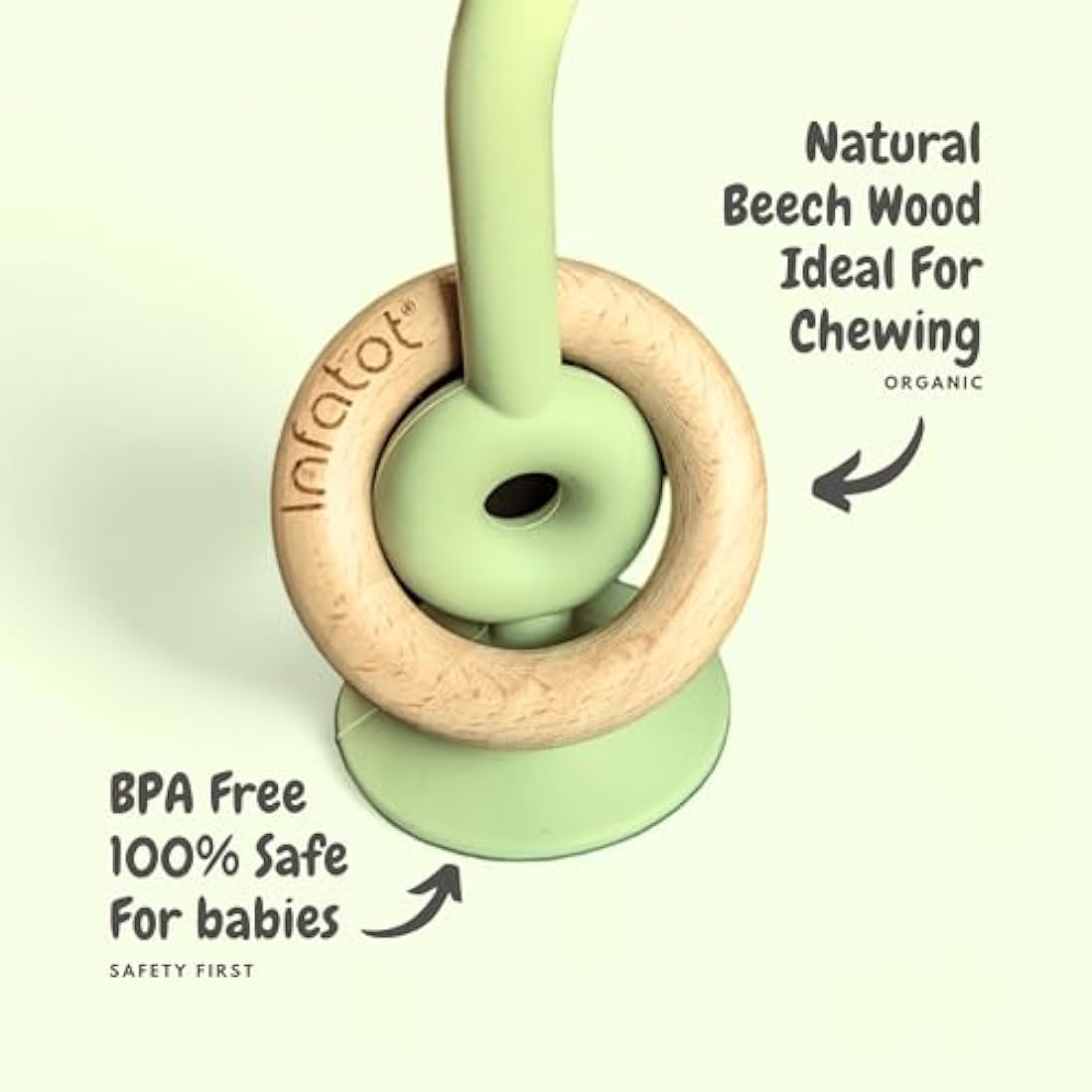 Infatot® Teething Suction Toy – Wood & Silicone Baby Toys 0-6 Months, Sensory Toy for Early Development, Suction Teether for High Chair, Baby Gift for Boys and Girls - Olive