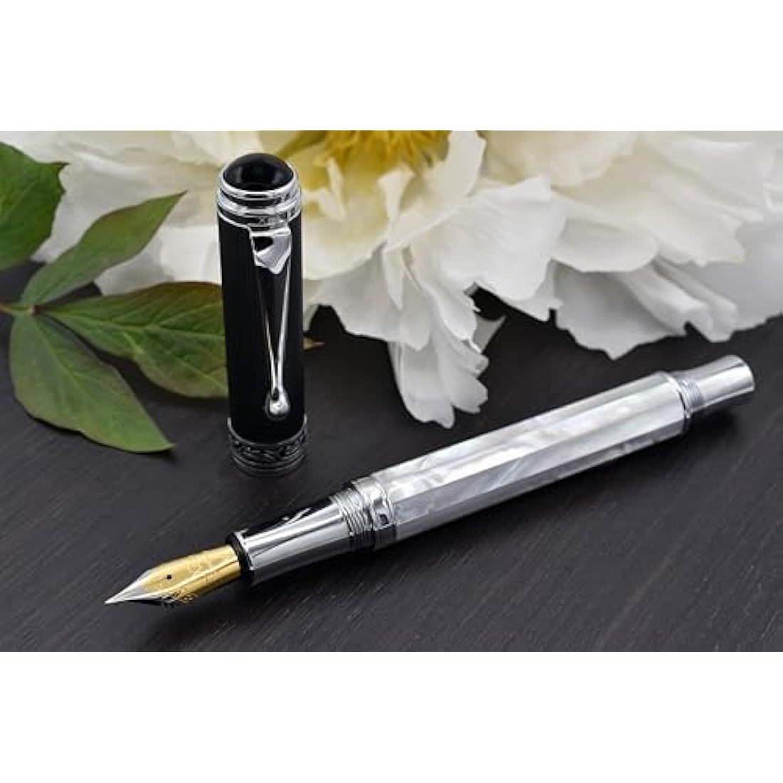Xezo Maestro Handmade Fountain Pen, Fine Nib. Iridescent Oceanic Origin White Mother of Pearl with Diamond-Like Carbon PVD. Serialized, No Two Pens Alike