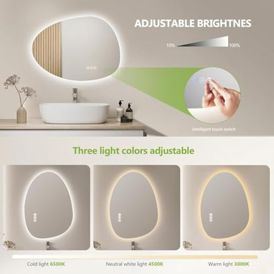S'AFIELINA Bathroom Mirror with LED Lights 60 x 45 cm Asymmetrical LED Bathroom Mirror with Smart Touch Switch, 3 Colors Dimmable Light, Anti-Fog, Memory Function Wall Mounted Vanity Mirror
