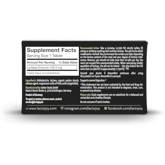 LactoJoy Lactase Tablets | Helps with Lactose Intolerance | Contains 45 Pcs. of Extra-Strength Dose (14,500 FCC) Lactase Enzyme Tablets | 100% Vegan | Supports The Lactose Digestion
