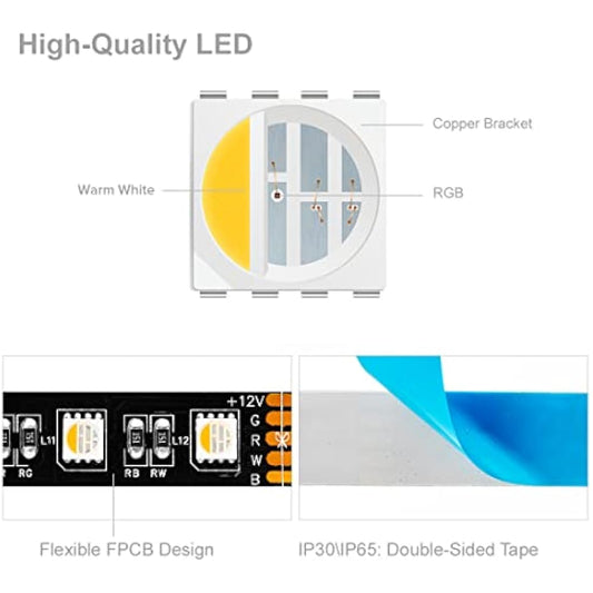 BTF-LIGHTING 5050 RGBW RGB+Warm White (2700K-3000K) 4 Colors in 1 LED 5m 16.4ft 60LEDs/m Multi-Colored LED Tape Lights IP65 Silicone Coating Waterproof Black PCB DC12V for Bedroom Kitchen Decoration