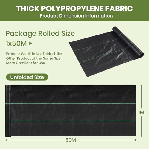 Velway Weed Control Membrane Heavy Duty - 1x50M Weed Control Barrier Fabric Landscape Ground Cover for Artificial Grass Patios Paths Flower Beds -