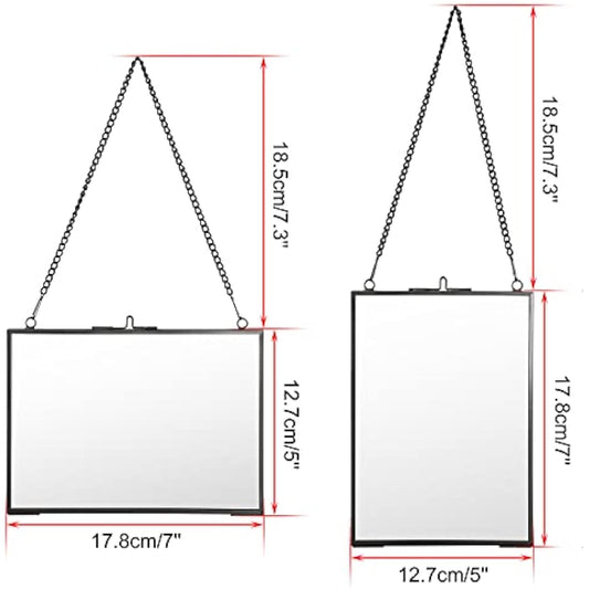 SUMTree Set of 2 Black Glass Hanging Photo Picture Display Frame, Floating Glass Picture Frame with Chain for Family Tree Mini Photo, Gallery Wall Art Work, Pressed Flower, collage, etc, 5 * 7 inch