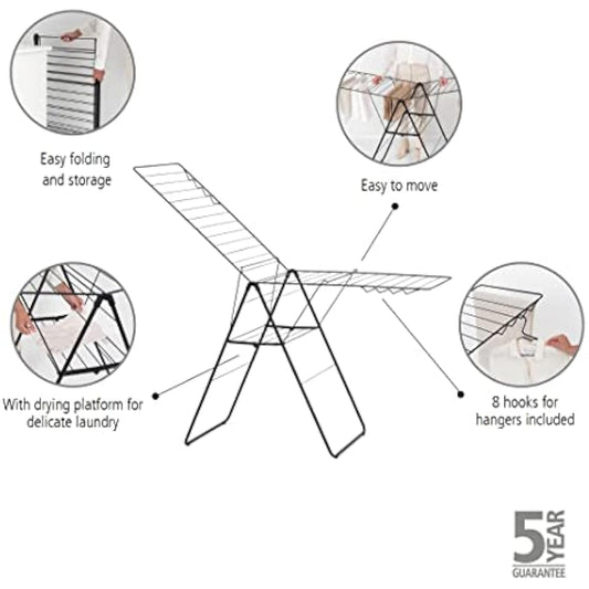Brabantia HangOn Laundry Drying Rack (25m / Matt Black) Compact, Foldaway, Adjustable Indoor Stainless Steel Clothes Horse