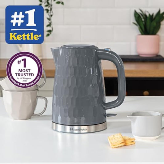 Russell Hobbs Honeycomb Electric 1.7L Cordless Kettle (Fast Boil 3KW, Grey premium plastic, matt & high gloss finish, Removable washable anti-scale filter, Push button lid, Perfect pour spout) 26053