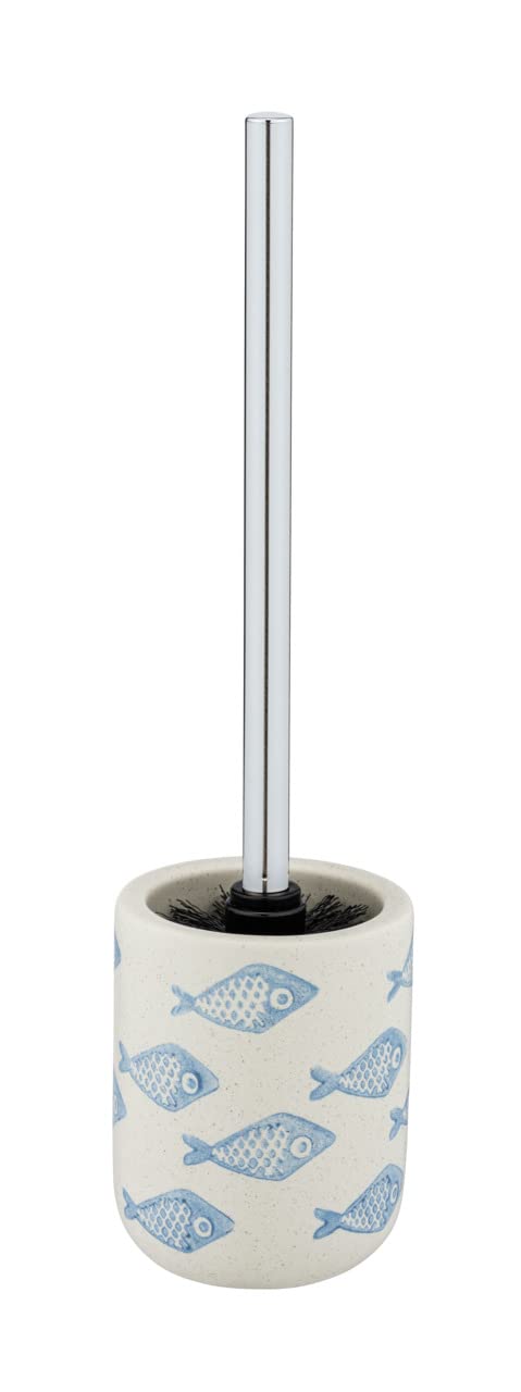 WENKO Aquamarine Toilet Brush and Holder Ceramic in Matte White with Blue Maritime Scenery Hand-Painted Hygienic Toilet Brush Diameter 10 x 40 cm