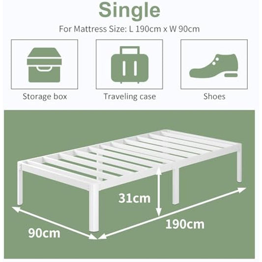 Lutown Teen 3ft Single Bed Frame with Rounded Corner Legs, Heavy Duty White Metal Bed Frame with Steel Slats Support, 30 cm High, Noise Free, Easy Assembly