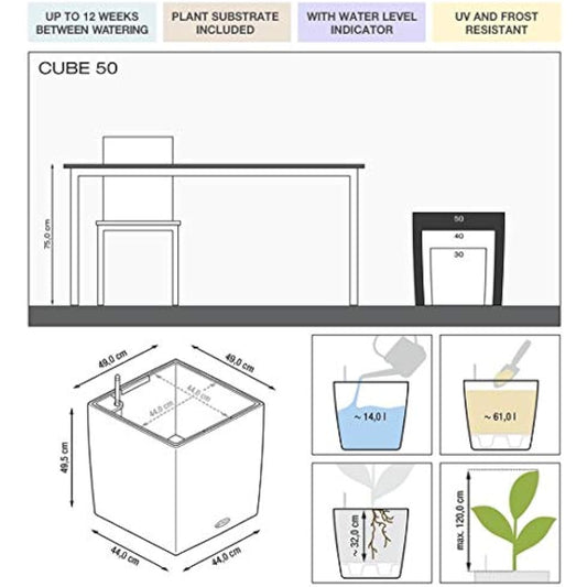 Lechuza Self Watering Plant Pot CUBE 50 Garden Flower Indoor and Outdoor Large Plastic Planter with Drainage Hole H50 L50 W50 cm White High-Gloss
