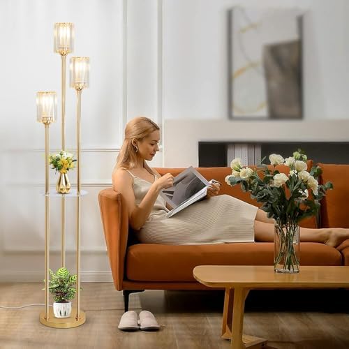Rayofly Modern Floor Lamp with Shelves, 3-Lights Gold Floor Lamps for Living Room, Crystal Standing Lamp with Glass Shades & Foot Switch, Glas Standing Lamps for Bedroom, Dining Room, Hall, Office