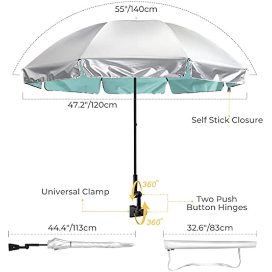 G4Free UPF 50+ Universal Clamp On Umbrella Adjustable Outdoor UV Protection Beach Chair Umbrella for Strollers, Wheelchairs, Patio Chairs, Golf Carts and Beach