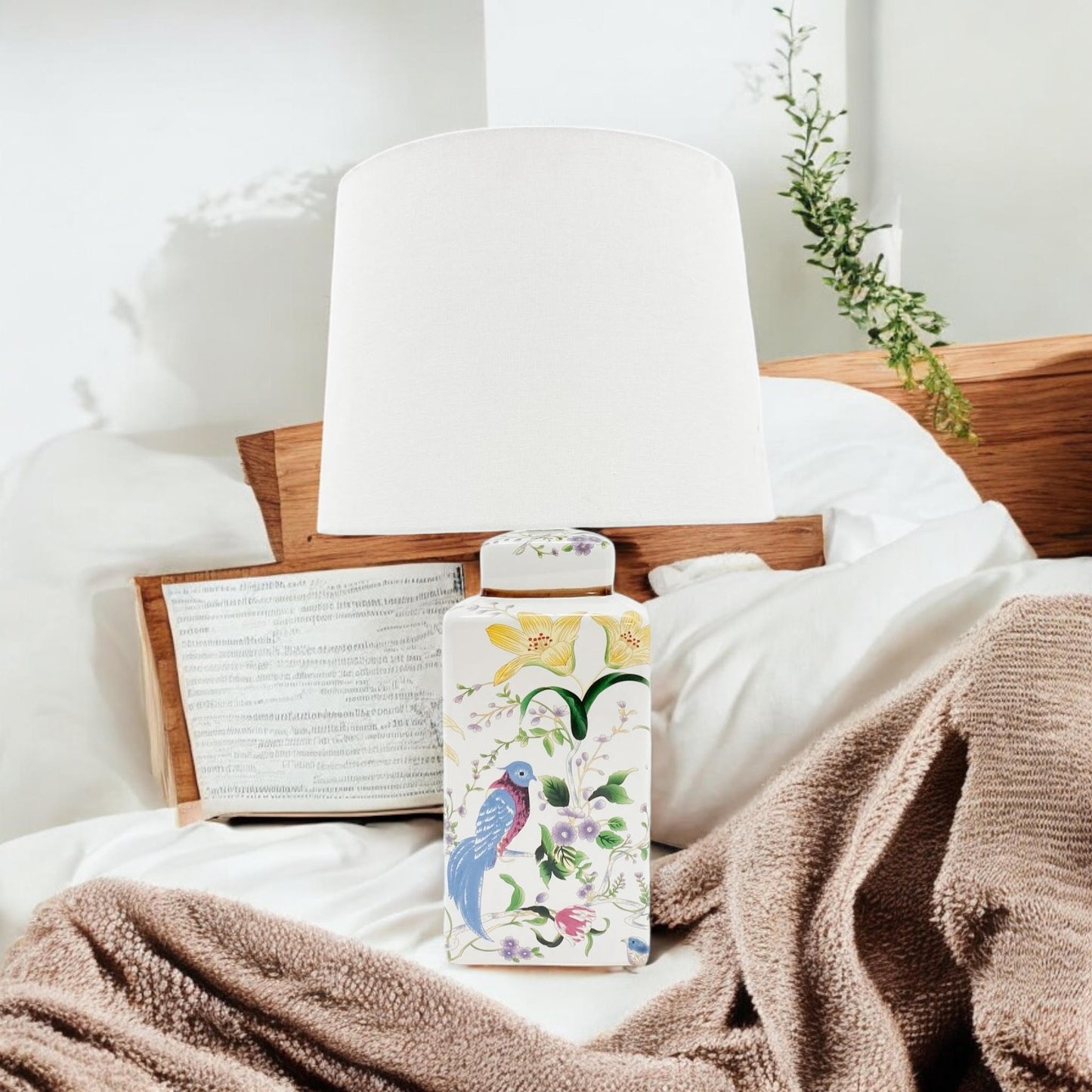 Modern Ceramic Table Lamp – Stylish Ceramic Lamp Available in Three Sizes, Ideal for Providing Soft, Ambient Lighting in Your Bedroom, Living Room, or Office (Floral & Bird Design with White Shade)