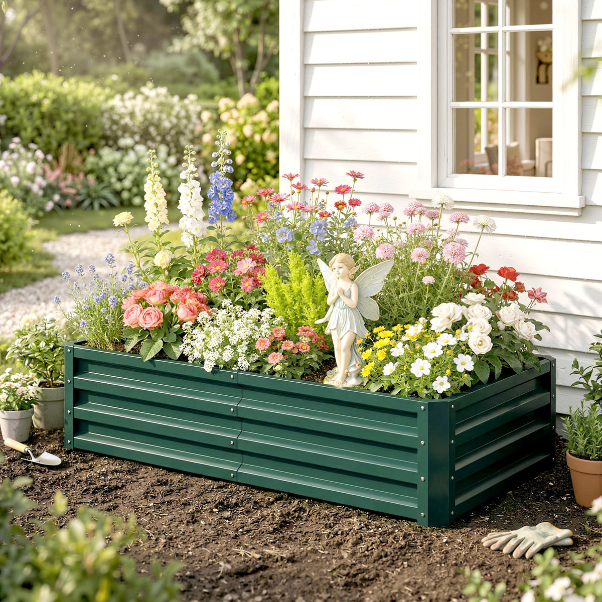Outsunny Raised Beds for Garden, Galvanized Outdoor Planters, for Herbs and Vegetables, Use for Patio, Backyard, Balcony, Green