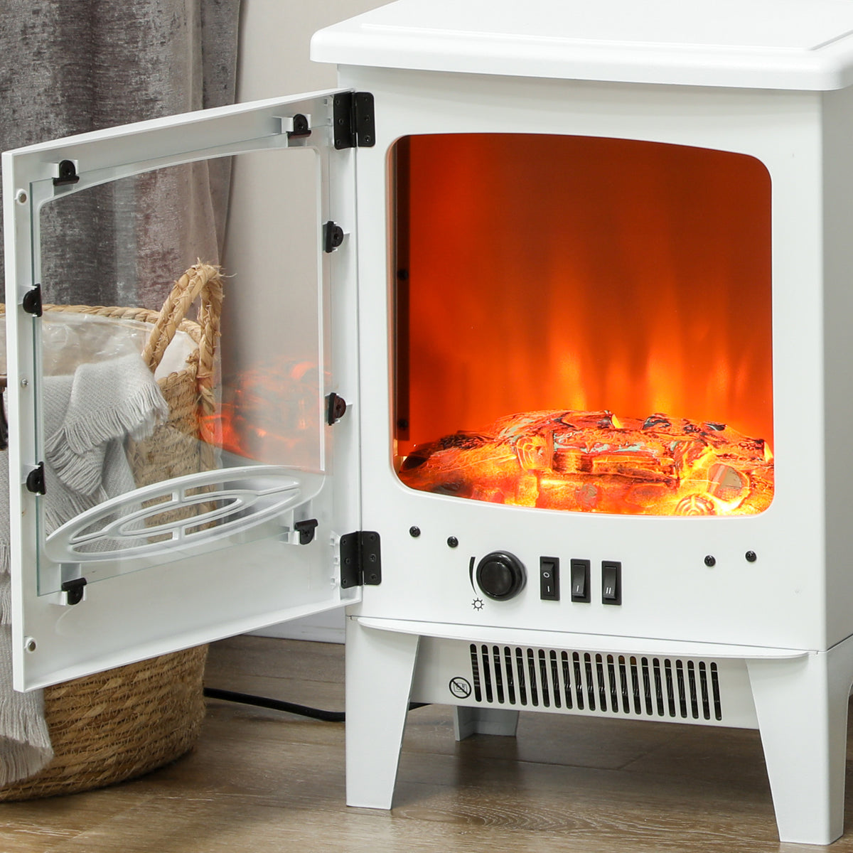 HOMCOM Electric Fireplace Stove, Freestanding Log Burner, 1000W/2000W, Portable Electric Fire Fan Heater with LED Flame Effect, Adjustable Thermostat, Glass, Overheat Protection, White
