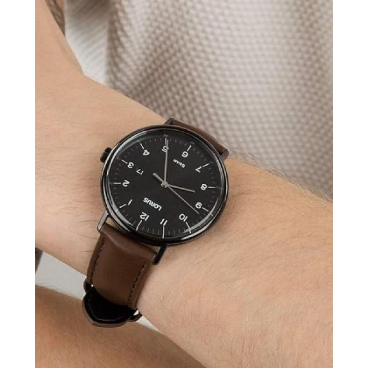 Lorus Mens Black Date Dial Brown Leather Strap Watch RH985MX9