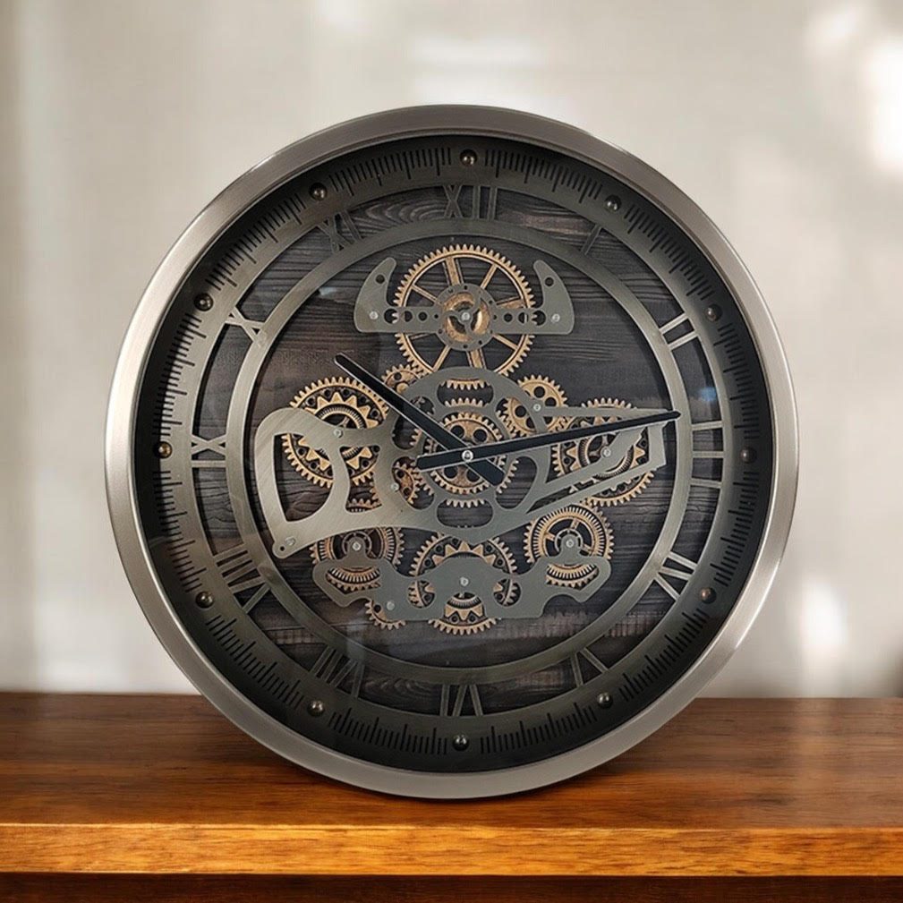AcaciaHome Premium Moving Gears Wall Clock - Roman Numeral Display, Battery-Operated Quartz Movement Metal with Sleek Finish for Home, Lounge, or Dining Room (Round Black/Silver 46cm)