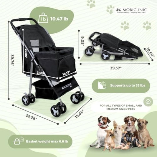 Mobiclinic® Pets Foldable Dog Pram, Up to 15 kg, Ideal for Small Dogs, Pet Stroller, Zuma, Wheels with 360° Brakes, XXL Basket, 3 Windows with Zip and Mosquito Net, Cup Holder (Black)