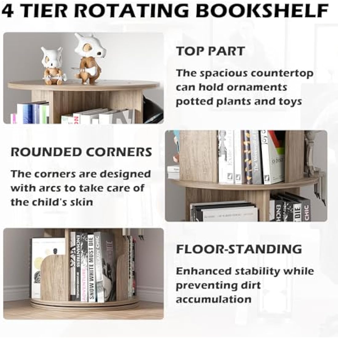 Nisorpa 4 Tier Rotating Bookshelf Floor Standing, 360° Rotating Bookcase for Kids Room, Wooden Spinning Bookshelf, Children Book Shelf Kids Book Storage for Study Room Bedroom Living Room, Black Oak