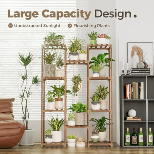 Bamworld Plant Stand Indoor Outdoor Hanging Plant Shelf for Multiple Plants Pots Wood Flower Stand Tall Large Flower Holder for Living Room, Patio, Balcony, Garden Decor, Brown