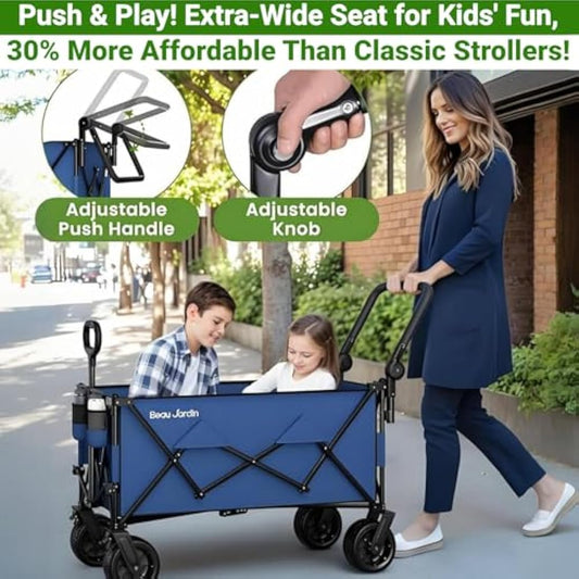 BEAU JARDIN XXL Festival Trolley on Wheels Beach Cart - 220L 230KG Heavy Duty Folding Wagon All-Terrain Utility Wide Wheels for Camping & Shopping | Push & Pull Handle | Portable Collapsible | Black