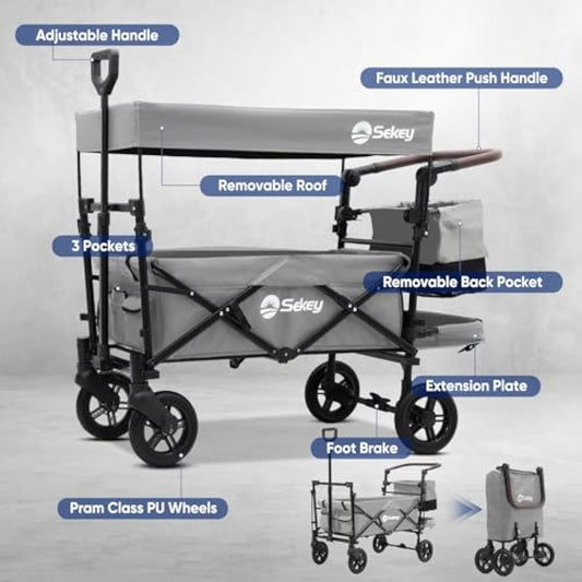 Sekey Kids Folding Handcart Wagon with Removable Canopy, Versatile Foldable Transport Trolley for Family Outings Including Shockproof PU Wheels, 220LBS(100KG) Weight Capacity, Push Handle, Grey