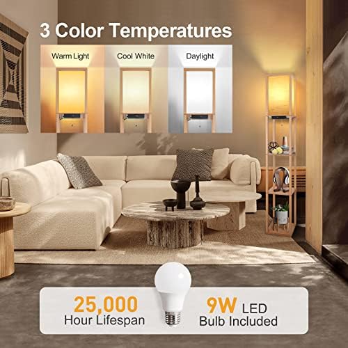 OUTON Floor Lamp with Shelves, LED Column Modern Floor Lamp with USB & Type C Port, 3 Color Temperature, Wooden Standing Lamp with White Linen Shade for Living Room, Bedroom, Office (Wood)