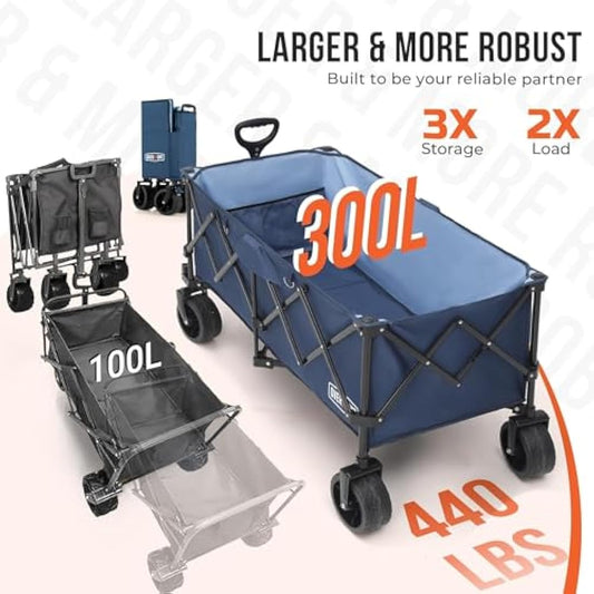 Overmont 300L Extra Large Folding Festival Trolley Cart - All-terrain Wide Wheels and Brake - Heavy Duty Cart Load up 200KG - with Adjustable Handle & Cover Bag - Wagon for Beach Camping Garden blue