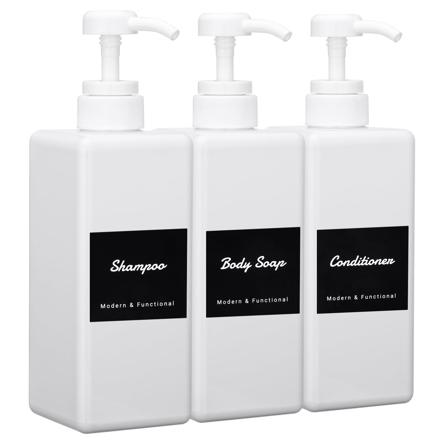 Segus White Soap Dispenser, 3 Pieces 650ml Shower Gel Dispenser, Hand Wash Bottles in Plastic, Shampoo Bottles with Pump, with Labels, Bathroom