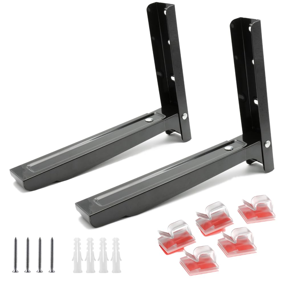 Universal Microwave Oven Wall Mount Shelf with Anti-Slide Rubber Pads & Cable Wall Clips - Adjustable Bracket Kit for Microwave Kitchen Oven - Black