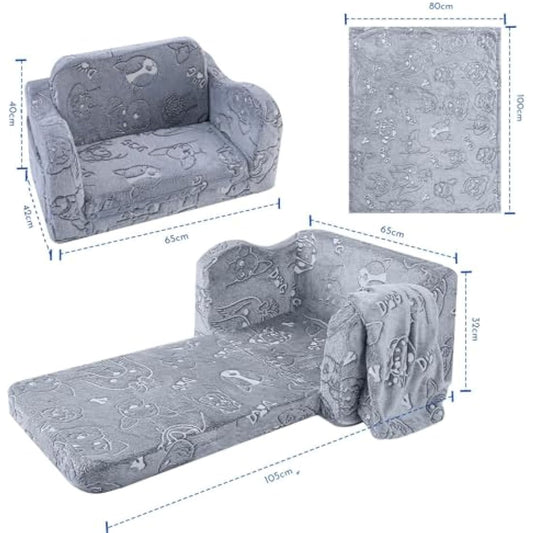 MeMoreCool Kids Sofa, Toddler Fold Out Chair for Girls Boys, Glow in The Dark Comfy Folding Baby Couch Convertible to Lounge, Kids Soft Plush Recliner for Childrens Playroom, Glowing Dogs