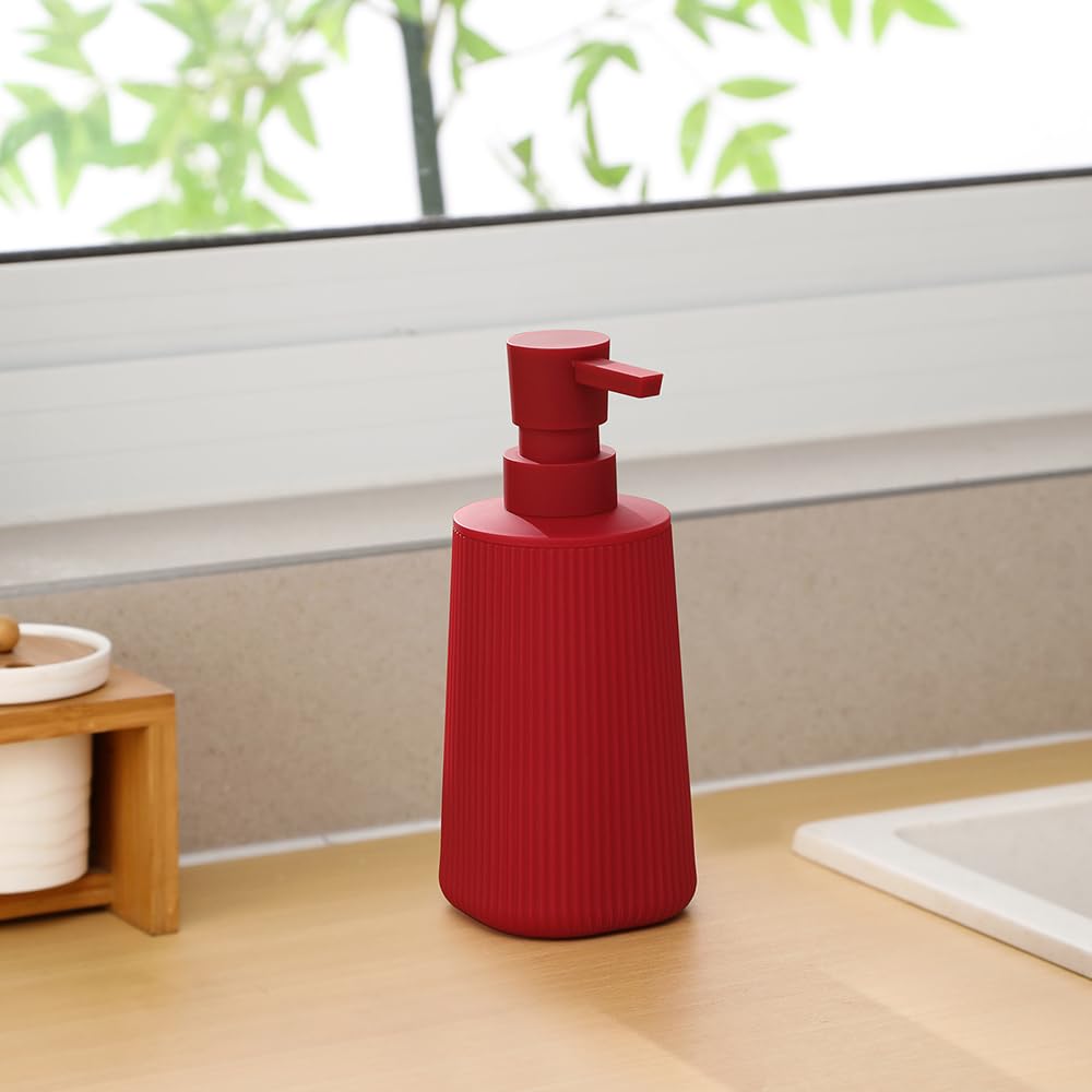 Small Soap Dispenser for Bathroom and Kitchen, Modern Farmhouse Striped Style Plastic Hand Soap Dish Soap Dispenser with Pump Matte Red