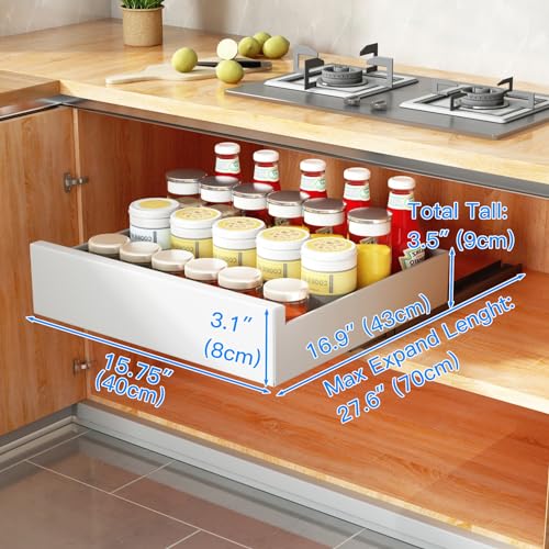 Pull Out Cabinet Organizer, SAYZH Slide Out Drawer Storage Shelves for Kitchen Cupboard, Roll-Out Extendable Sliding Drawer, (40 CM W x 43 CM D x 9CM