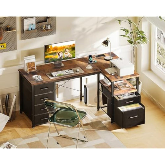 Coleshome Computer Corner Desk with Drawers, 140×70 cm L Shaped Office Desk with Power Outlet, Reversible Study PC Table with Storage for Bedroom, Vintage Brown