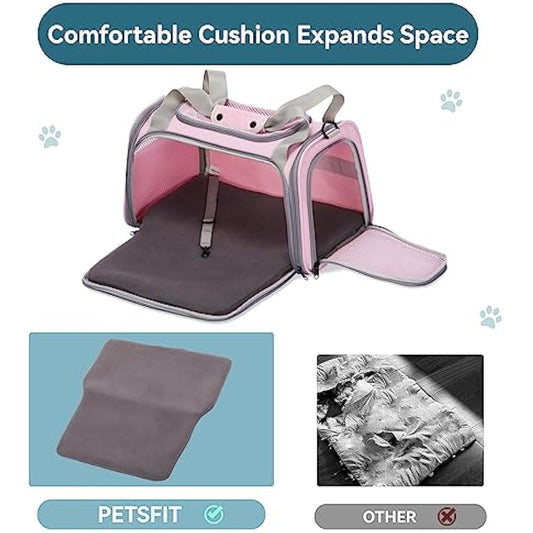 PETSFIT Cat Carrier Soft,Pink Pet Carrier with Extendable Fleece Mat, Puppy Carrier Airline Approved with Safety Leash for Pets Up to 12 Lbs (44 * 26.5 * 27CM, Pink)