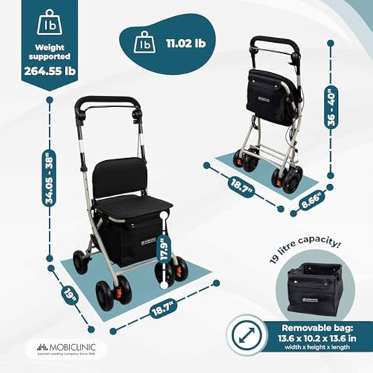 Mobiclinic®, Shopping Trolley with Seat, Mobility Walker, 21L, Coliseo, Walker for Adults, Foldable, Rollator, Trolley with Backrest, Shopping Trolley on Wheels, Bag Removable, Directional Locking