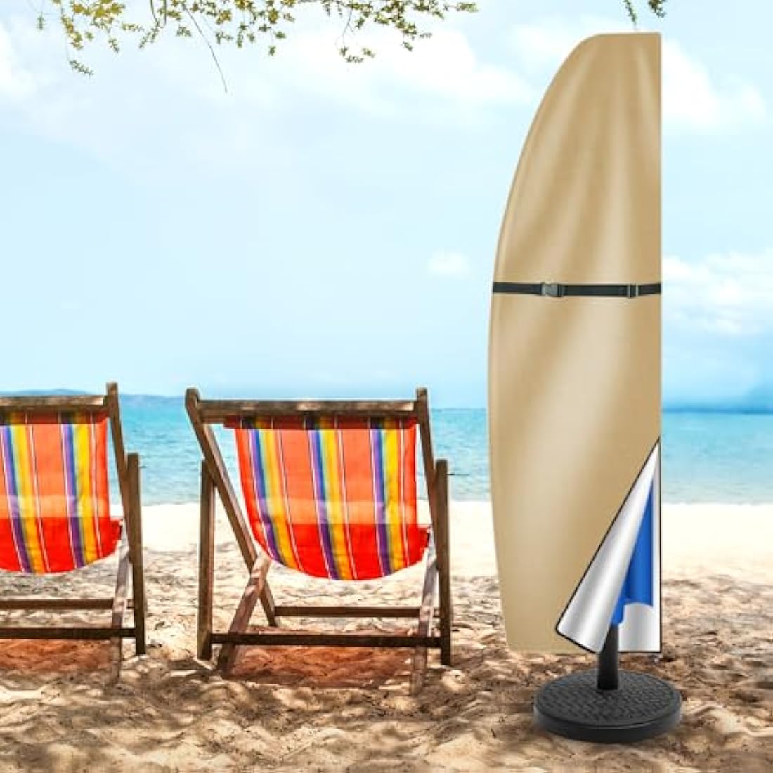 Teynewer Parasol Cover Waterproof, Cantilever Parasol Protective Cover with Telescopic Pole and Zipper Fit for 1 to 3 m Large Umbrella Patio Parasol Weatherproof UV-Anti Windproof, Khaki