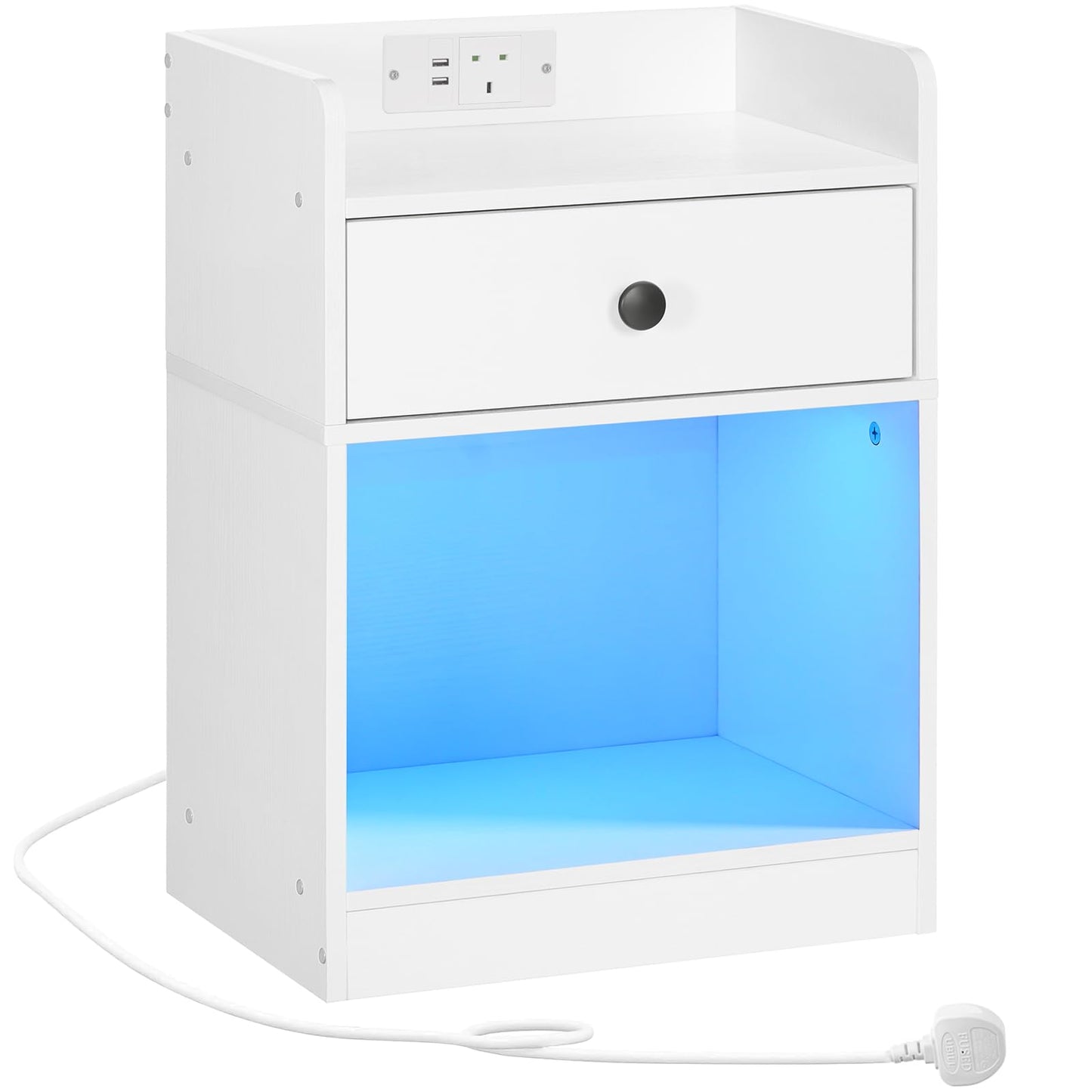 HOOBRO Bedside Table with Charging Station and LED Lights, Side Table with 1 Outlet and 2 USB Ports, Nightstand for Living Room, Bedroom, White