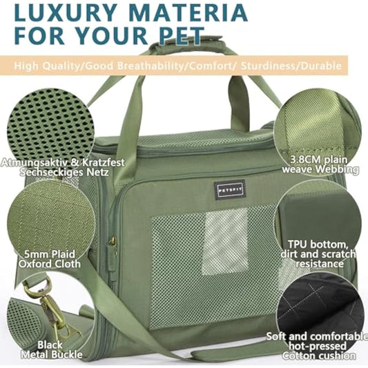 Petsfit Dog Carrier Soft Sided Travel Carrier, Large Pet Carriers with Quadrangle Oxford Fabric and Ventilation Mesh,Portable Dog Bag with Expandable mat and Upgraded Large Space, Olive Green
