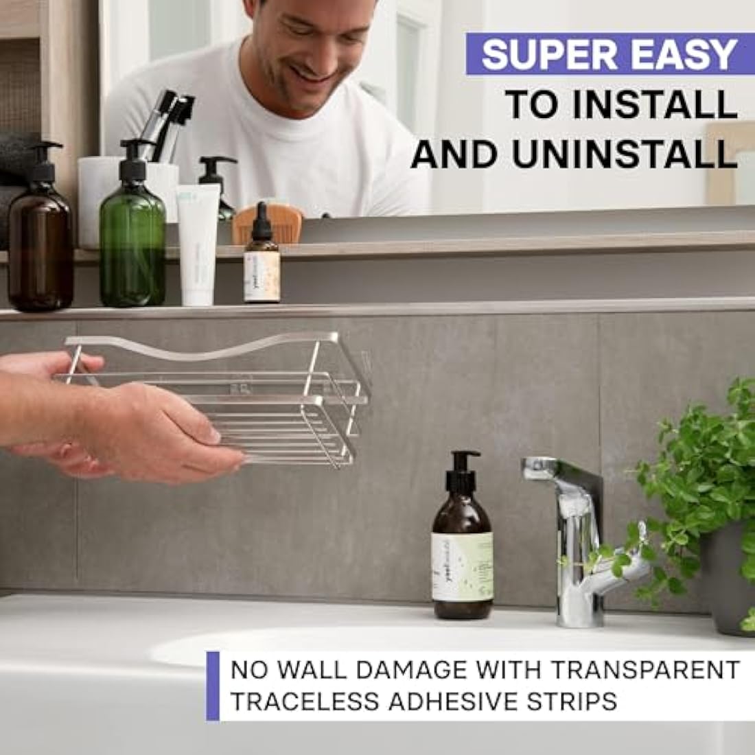 KINCMAX Shower Shelves 2-Pack - Self Adhesive Shower Caddy with 4 Hooks - No Drill Large Capacity Stainless Steel Wall Shelf - Shower Organiser for Inside Bathroom - Matte Black