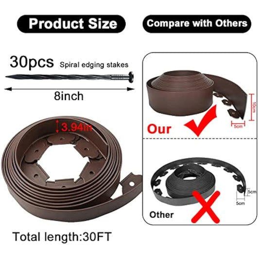 Lawn Edging Border 10m,Garden Edging Borders Extra Tall 10cm High with 30pcs Stakes,Flexible Landscape Edging,Mini Plastic Fence for Yard Flower Beds,Grass,Path -Brown